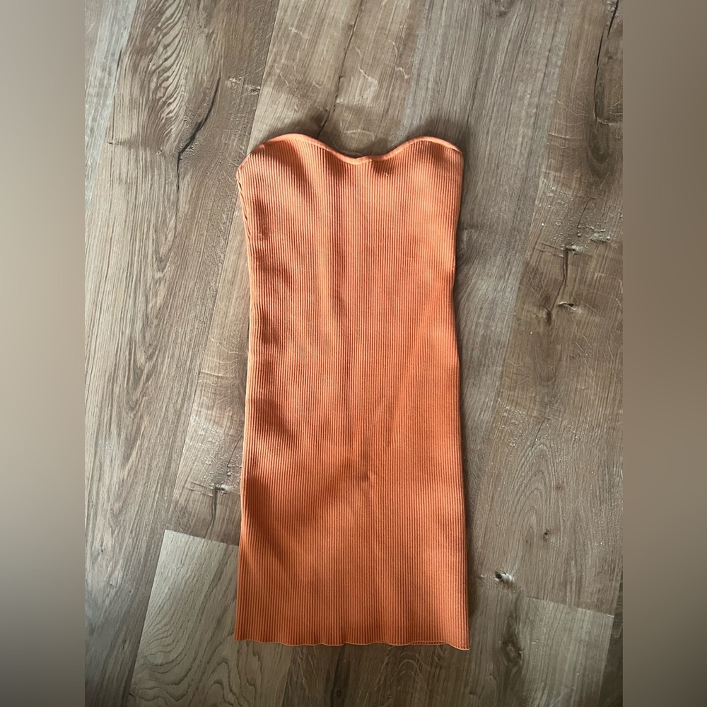 Orange strapless mini dress